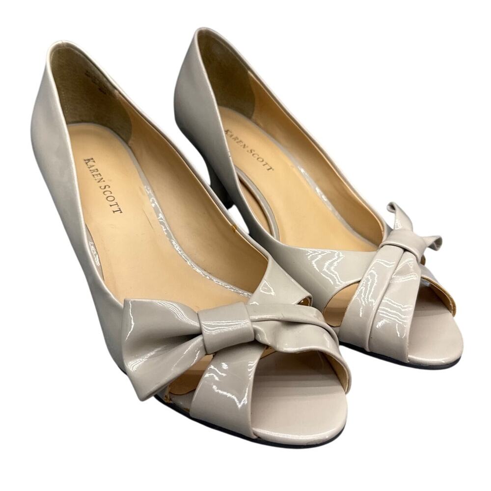 Karen Scott Beige Patent Leather 3" Peep Toe Bow Pump Dress Shoe Women 8